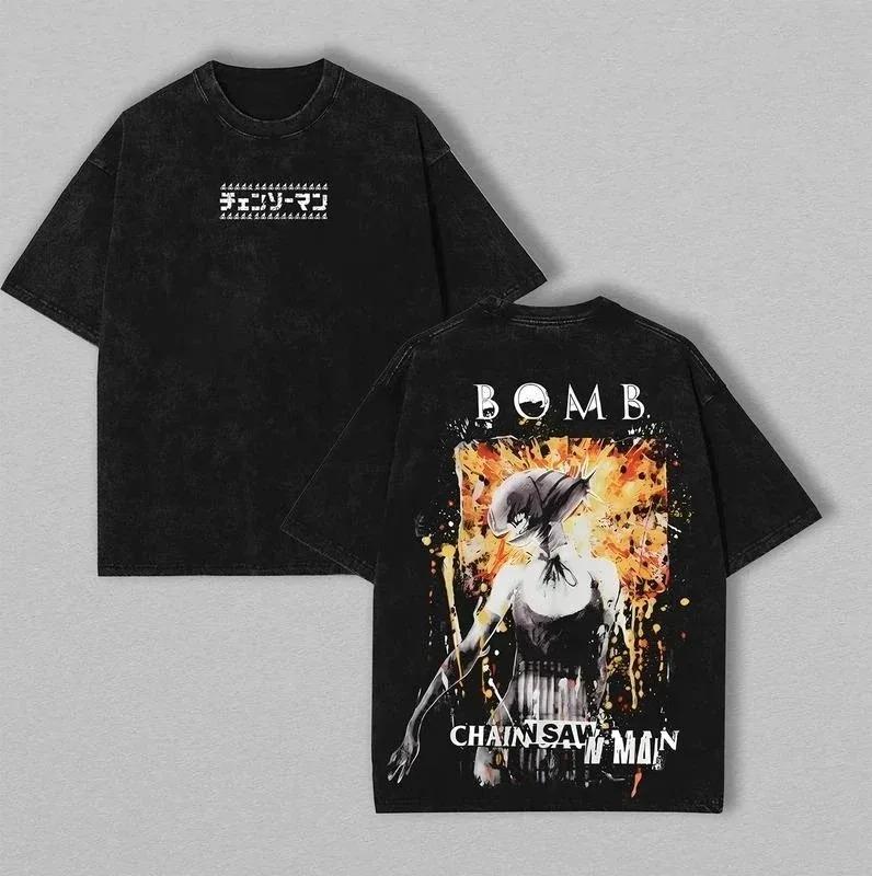 Chainsaw Man Reze (Bomben Teufel) Vintage gewaschenes Anime T-Shirt, Unisex Manga Fan Streetwear Tee, 100% Baumwolle Lässiges Kurzarm Oberteil