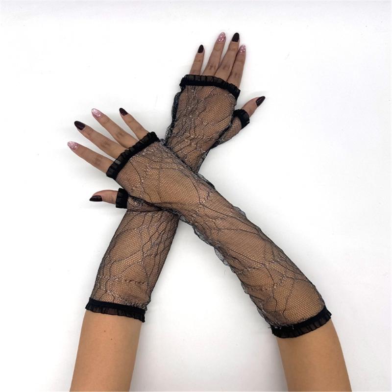 Halloween Gloves for Women Elegant Sun Protection Fingerless Costume Long Glove Spiders Web Lace Gloves for Women