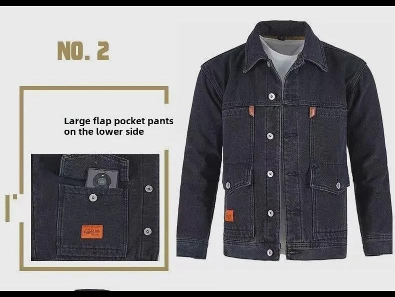 Men's Denim and Velvet Thickened Windproof Winter Coat, Warm and Wear-Resistant, Large Sizes Available