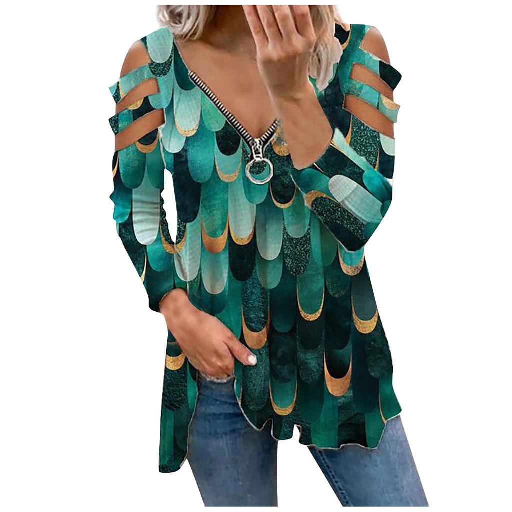 Women Casual Fashion Printed Zipper Long-sleeved V-neck T-shirt Top Blouse
