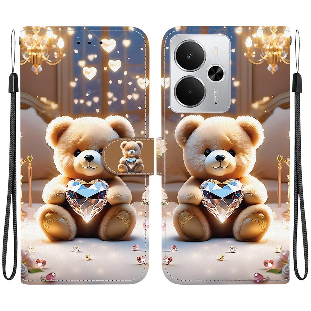 Ręcznie robione etui z klapką z PU skóry dla Realme 14, antypoślizgowe, wstrząsoodporne etui z paskiem na nadgarstek i wzorami serca/róży/kota