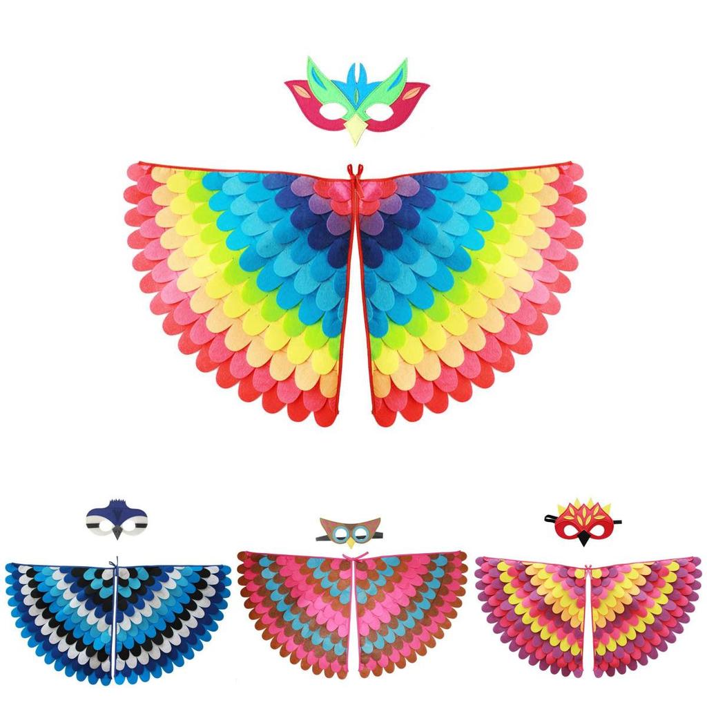Jasně barevná plstěná ptačí křídla s maskami pro děti, ideální na Halloween a další!