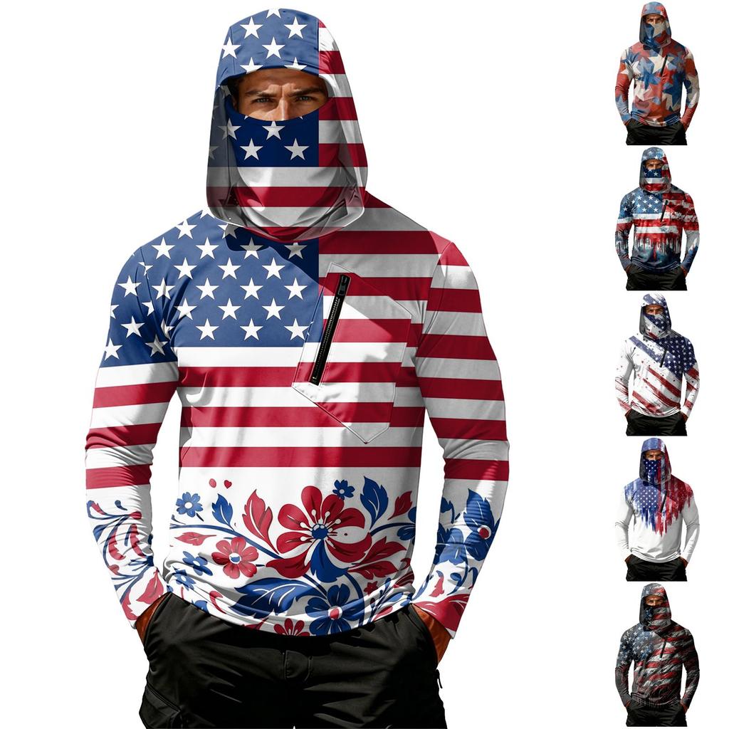 Men's Long Sleeve Hooded Sweatshirt with Flag Print Lightweight Pullover Casual Hooded Top with Front Zipper Pocket