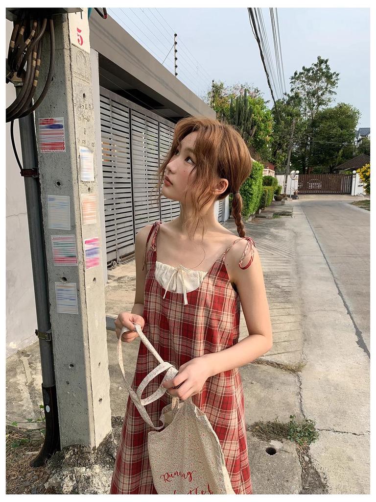 Red Plaid Lace Spaghetti Strap Dress - Women's Summer Beach Holiday Style