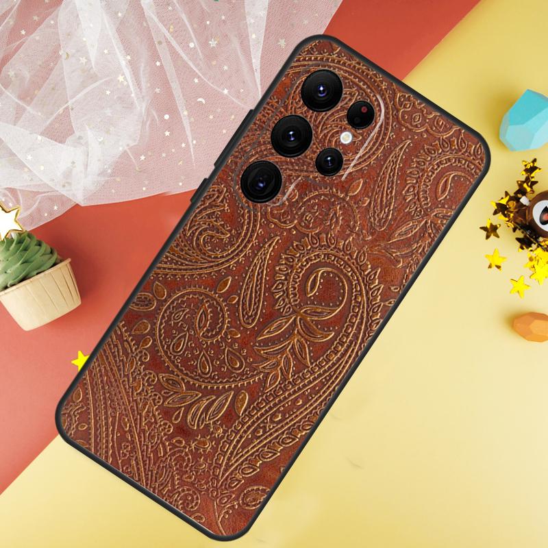 Brown Hand Tooled Western Phone Case For Samsung Galaxy S25 Ultra S23 S21 S20 S22 S24 FE S9 S10 Plus Cover Coque