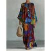 16 European and American artistic sense abstract graffiti cotton and linen set, round neck bat sleeve top + wide leg pants loose two-piece set