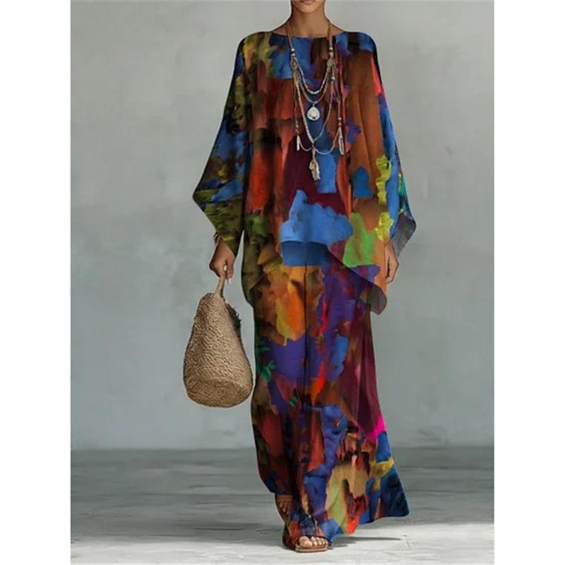 16 European and American artistic sense abstract graffiti cotton and linen set, round neck bat sleeve top + wide leg pants loose two-piece set