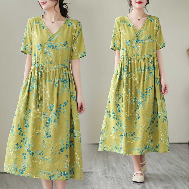 

Платье миди с V-образным вырезом, летнее новое, в стиле ретро, литературное, с большой расклешенной юбкой А-силуэта M жёлтый