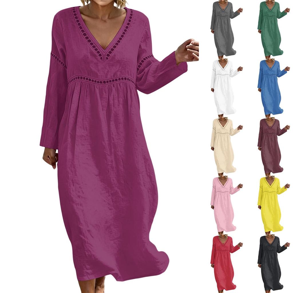 Fashionable Lady's V-neck Mid-length Casual Long-sleeved Dress