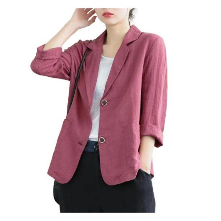Women Vintage Casual Blazer Jacket Cotton Linen Coat Long Sleeve Lapel Thin Coat with Pockets 2 Buttons