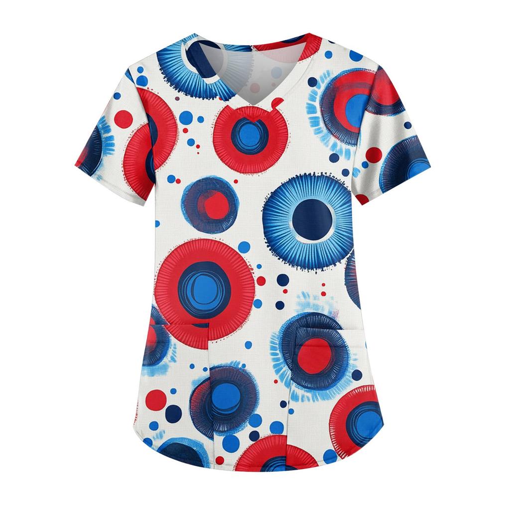 Women's Independence Day Printed Work Clothes V-neck Double Layer Pockets Basic Short Sleeve Top Pullover