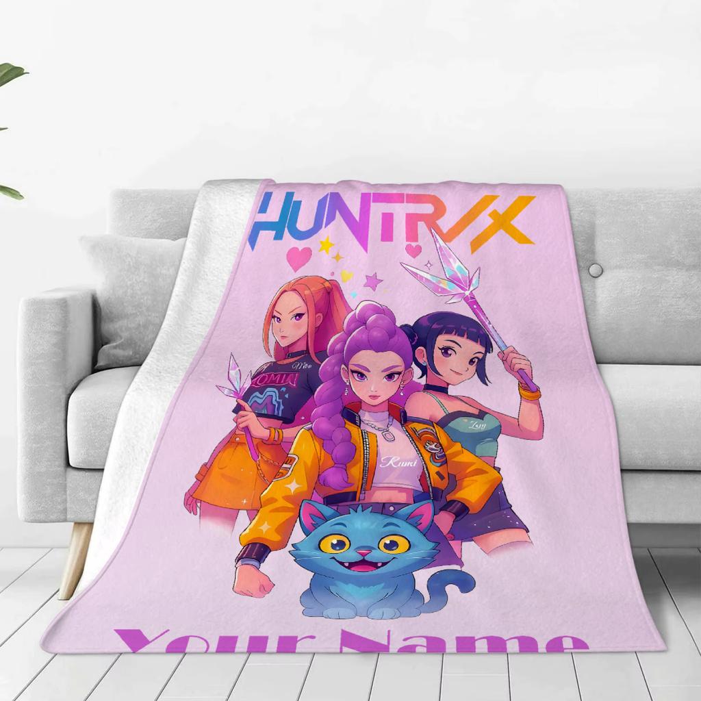 Personalized Name K-Pop Demon Hunters Huntrix Flannel Blankets Travel Bedroom Sofa Bithday Gifts For Kids Soft Throw Blanket