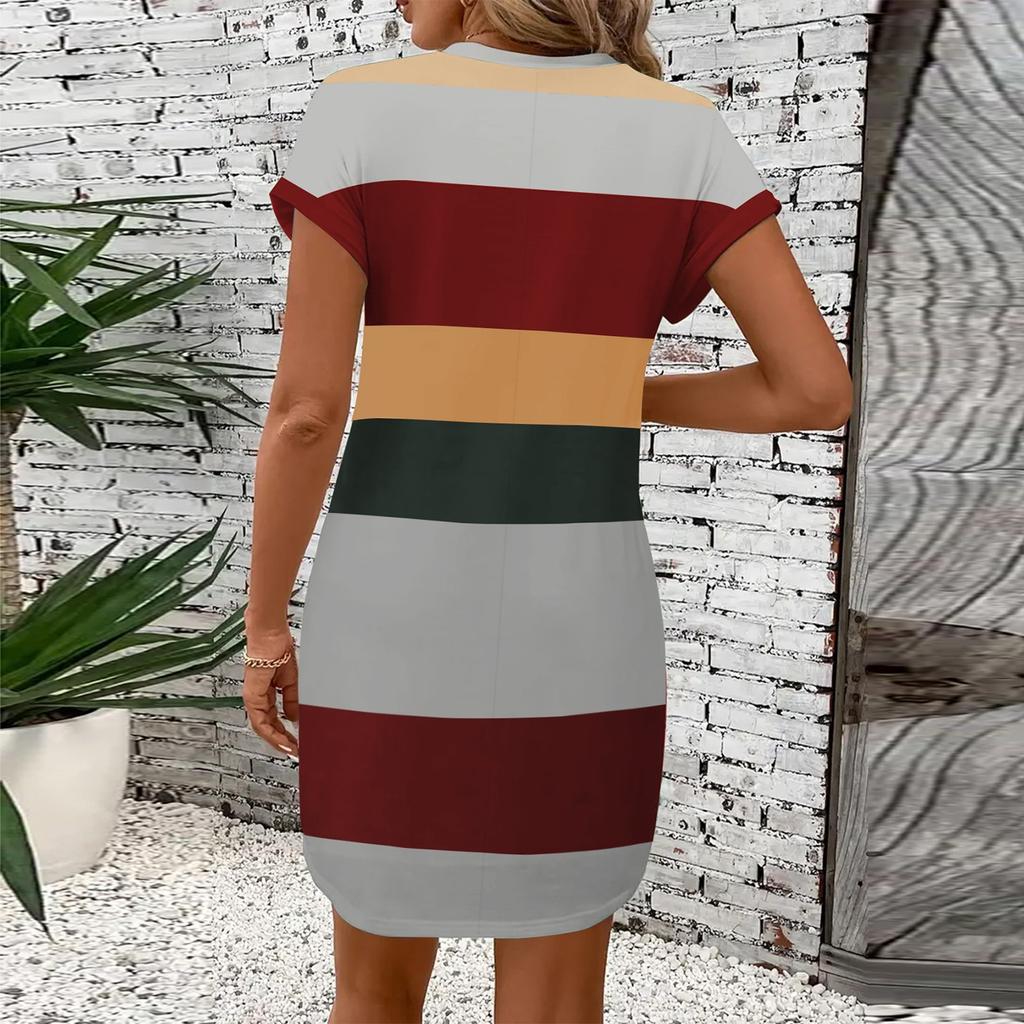Women's Fashion Casual Contrast Color Round Neck Milk Silk Pullover Dress
