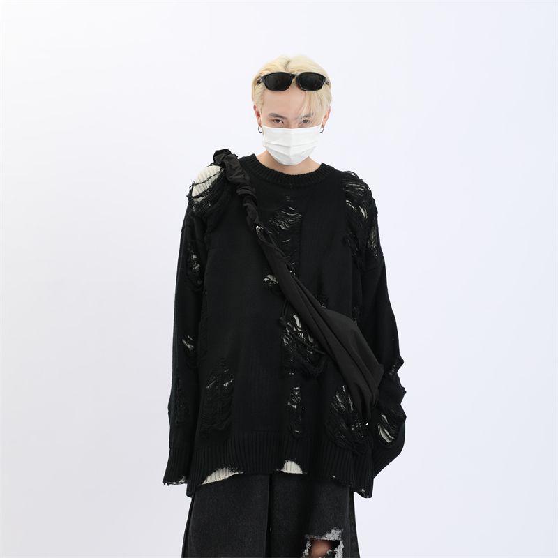 Men's European-American Subculture Knitted Sweater: Faux Two-Piece with Holes, Heavy and Relaxed Style