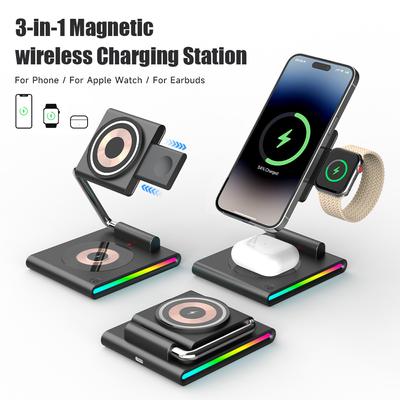 Caricabatterie wireless RGB pieghevole per iPhone 15 14 13 12 Pro Dock Station LED per Apple Watch S9 Ultra 2 AirPods Pro iWatch Holder