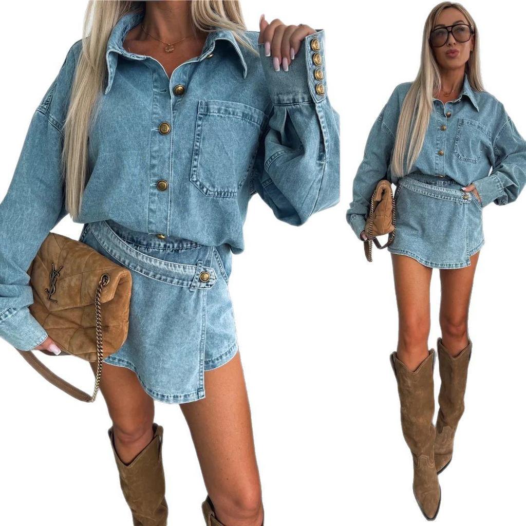 2025 Women's Irregular Denim Two-Piece Set Skirt and Pants - European & American Style