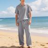 European Men's Casual Linen Short-Sleeve Shirt & Long Pants Set - Breathable Cotton Blend Two-Piece