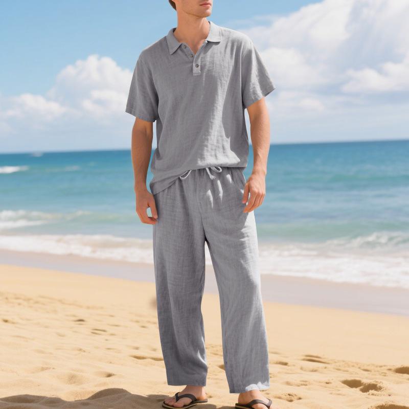 European Men's Casual Linen Short-Sleeve Shirt & Long Pants Set - Breathable Cotton Blend Two-Piece
