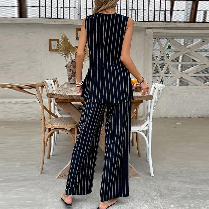 2 Piece Elegant Stripe Women's Vest Pant Suit O-neck Sleeveless Vest High Waist Wide Leg Pants