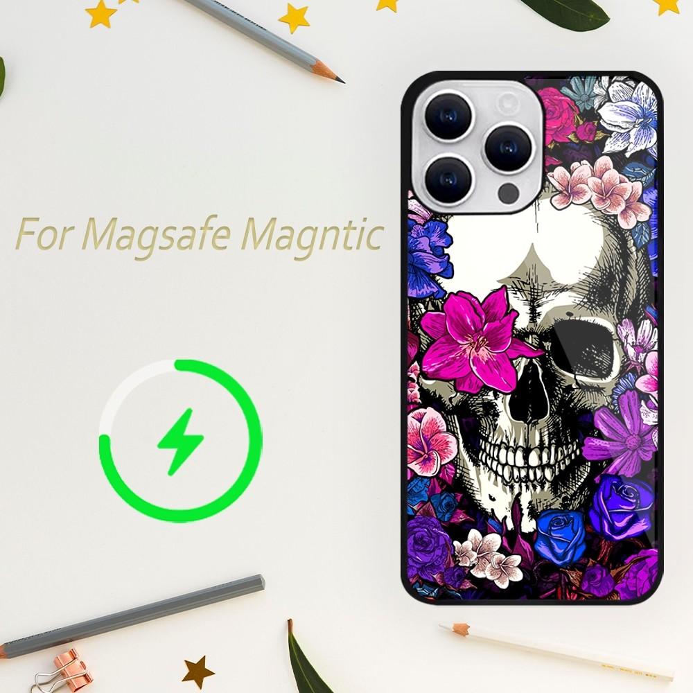 Etui na telefon Deluxe Skull Dead Flowers do iPhone'a 15 14 13 12 11 Plus Pro Max Magsafe Magnetic Wireless Charging