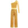 Girls Shiny Sequins Dance Costume Sheer Mesh Long Sleeve One Shoulder Crop Top High Waist Wide Leg Pants