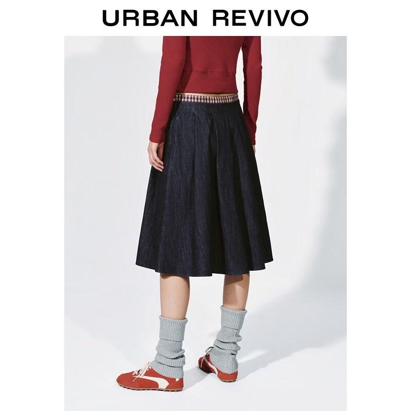 UR 2026 Spring Women's Casual Spliced Color-block Plaid Denim Skirt