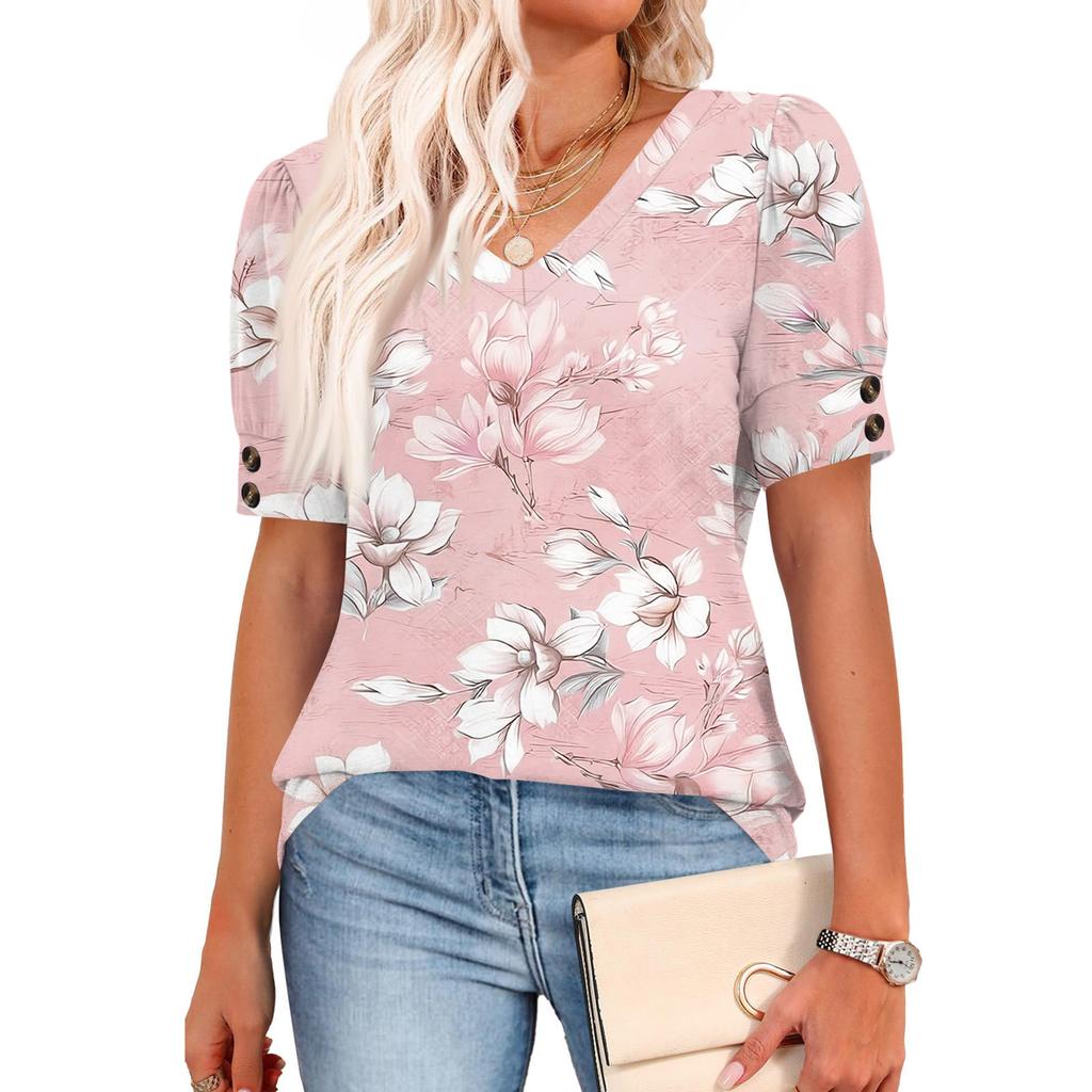 Womens Tops Short Sleeve Shirts Buttons V Neck  Fashion Outfits  Blouses  Casual