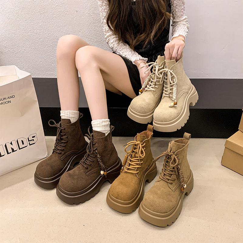 Thick-soled heightened and thin Martin boots women's shoes, new British style retro lace-up short boots in autumn and winter 2025