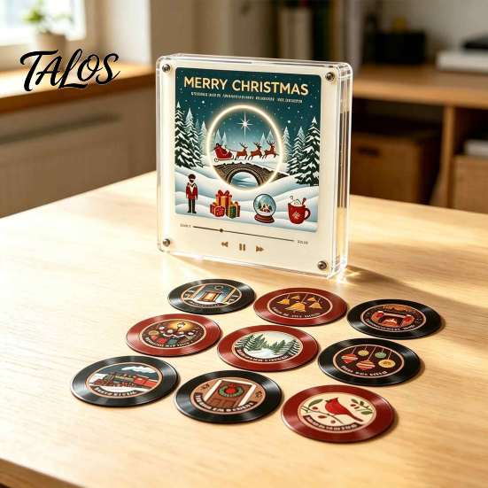 NFC Vinyl Record Player Fridge Magnet for Christmas, with 9 Programmable Records, Set 256MB Memory, LED Light-Up Personalized Magnetic Music Box Mini