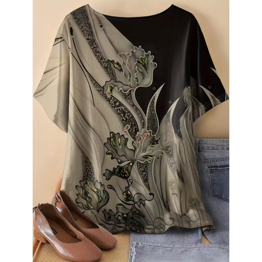 XL-7XL Nadměrná velikost Dámské ležérní tričko s 3D potiskem, volný střih s kulatým výstřihem a krátkým rukávem