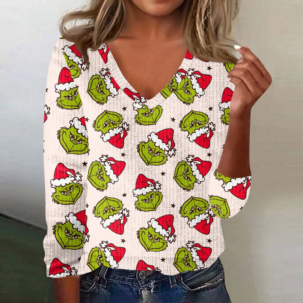 Women's Cute Sweatshirt Knitted Fashion Casual V-neck Long-sleeved  Cozy Print Top