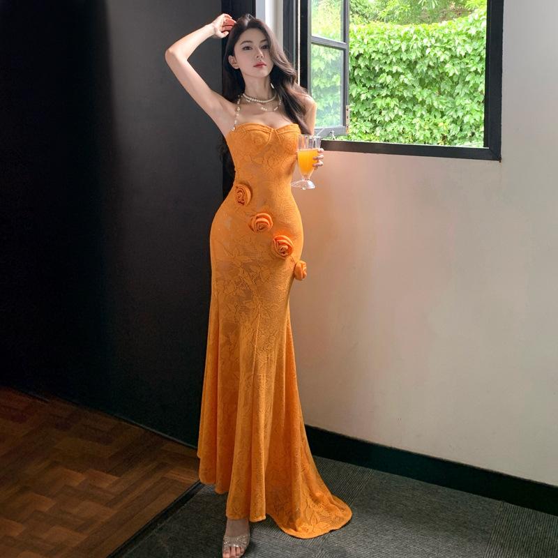 Summer Sense Pure Desire Three-dimensional Flower Tube Top Slim Fit Hip Wrap Fishtail Dress Birthday Dress Skirt