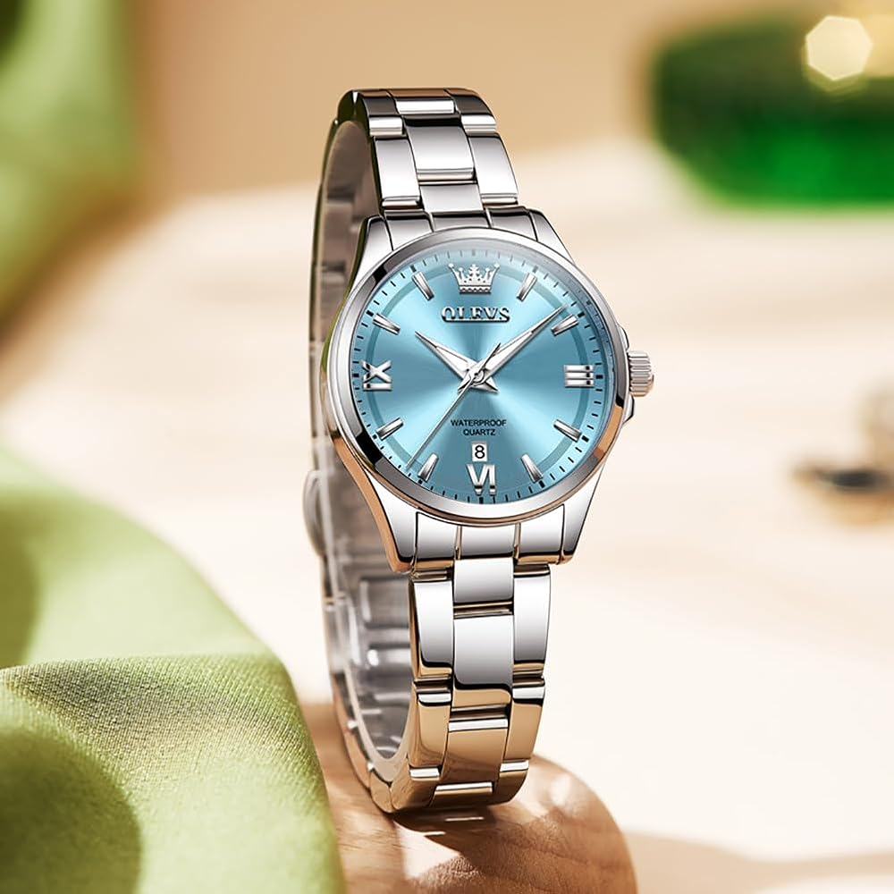 OLEVS Women's Luxury Elegant Watch Stainless Steel Waterproof Luminous Diamond Small Wrist Silver Blue Fashion Watch