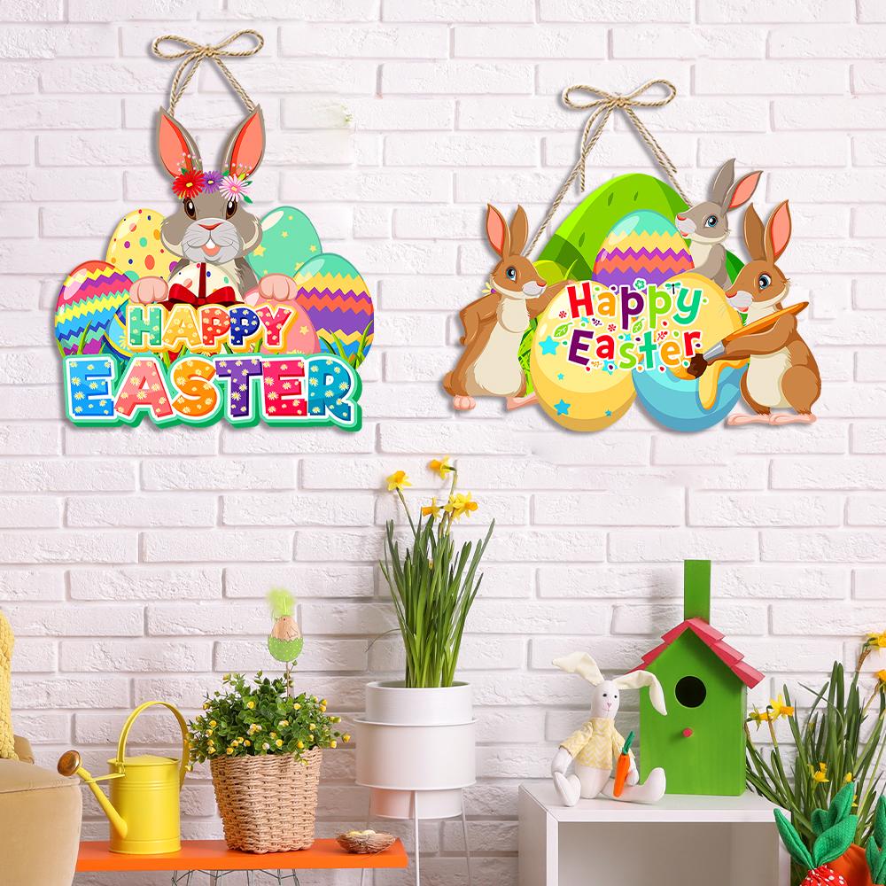 Happy Easter Decor Door Pendant Paper Rabbit Egg carrot Welcome Sign Hanging Ornament Easter egg hunt Spring Party Wall decor