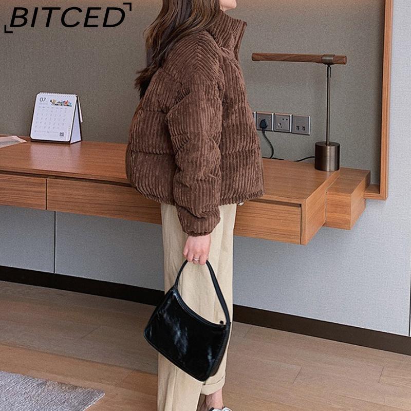BITCED Winter Women's Stand Collar Short Corduroy Quilted Down Jacket Loose-Fit Lightweight Cotton-Padding Coat