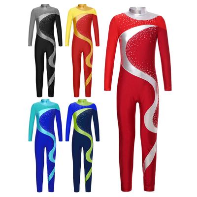 Kunstschaatsen Gymnastiek Jumpsuit Kinderen Meisjes Lange Mouw Metallic Contrasterende Kleur Leotard Bodysuit Ballet Danskostuum