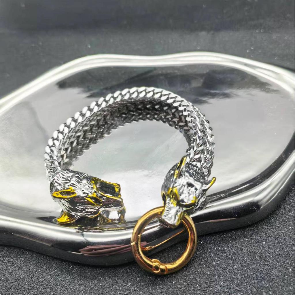 Viking Wolf Head Bracelet for Men Stainless Steel Chain Link Retro Handmade Jewelry Gift