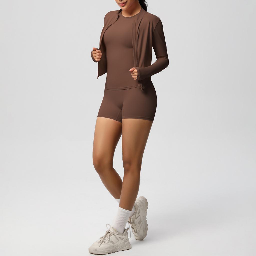 New Breathable Tight Polished Long-sleeved Jacket Fitness Yoga Clothes Solid Color Three-piece Fitness Sportswear Women
