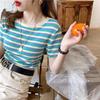 2025 Summer Striped Short-Sleeve Slim-Fit Korean T-Shirt for Women