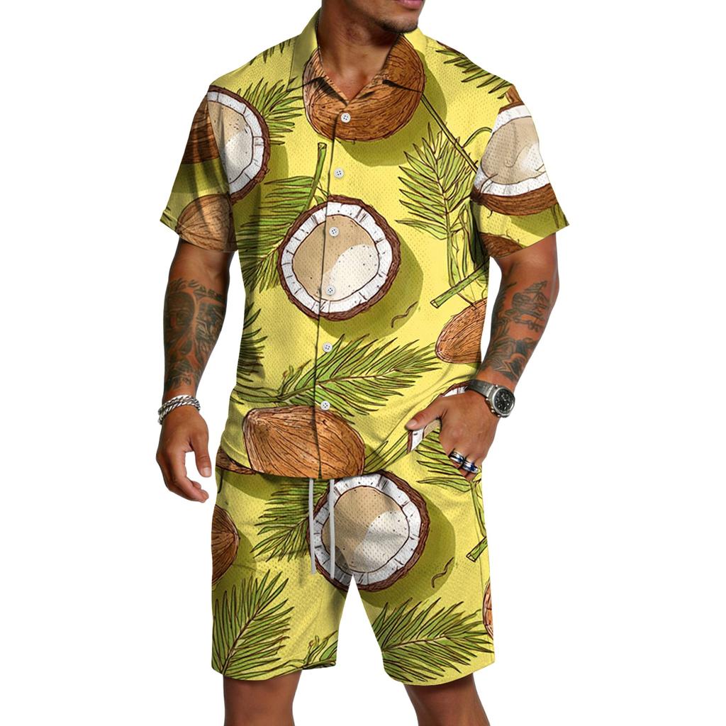 Men's Casual Printed Lightweight Breathable Shirt and Drawstring Shorts Set