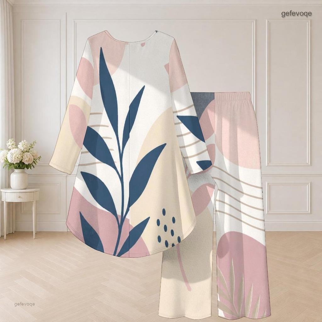 Women Plus Size Round Neck Long Sleeve Printed High Low Top Wide Leg Pants Two Piece Set