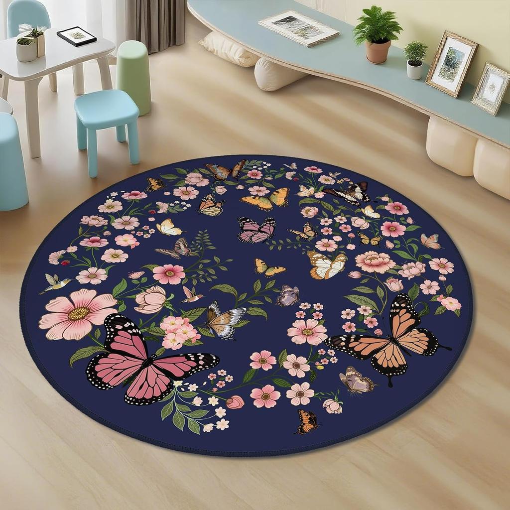Circular Carpet Butterfly Print  Anti Slip Carpet  Home Decoration  Butterfly and Pink Flower Decoration  Circular Area Carpet