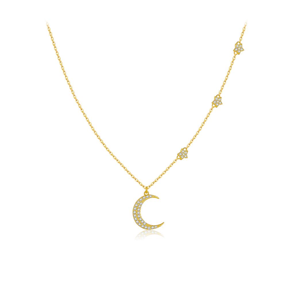 Sterling Silver Moon Star Zircon Necklace Pendant Long Chain  Luxury Classical Fine Jewelry Women Gift