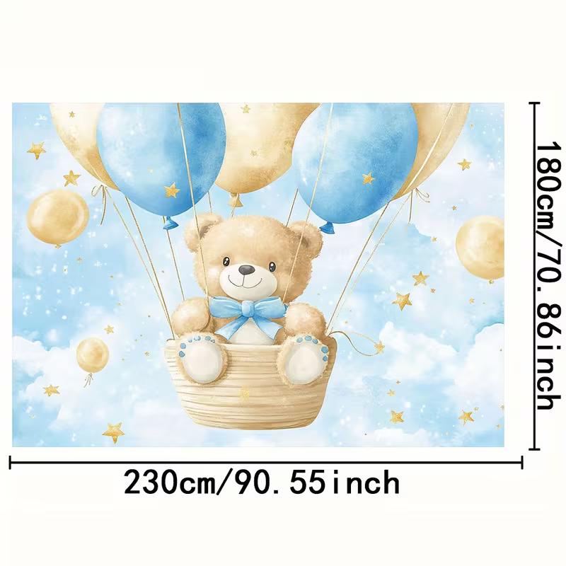 2D Newborn Backdrop, Watercolor Bear with Blue Balloons