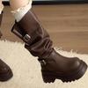 Winter Fashion Platform Woman Knee High Boots Fashion Belt Buckle Square Heels Modern Long Booties