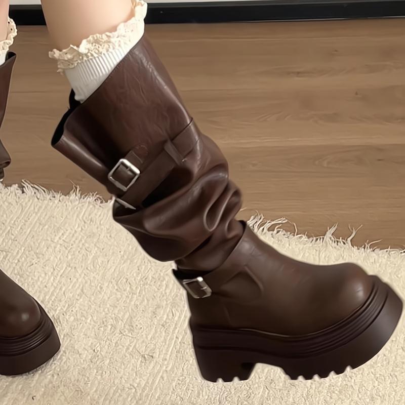 Winter Fashion Platform Woman Knee High Boots Fashion Belt Buckle Square Heels Modern Long Booties