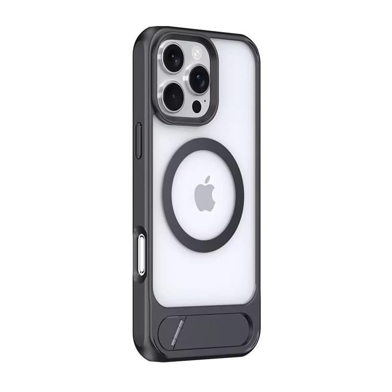 Luxury Metal Stand Clear Magnetic Phone Case For iPhone 16E 11 12 13 14 15 16 Pro Max Plus Bracket Shockproof Protector Cover