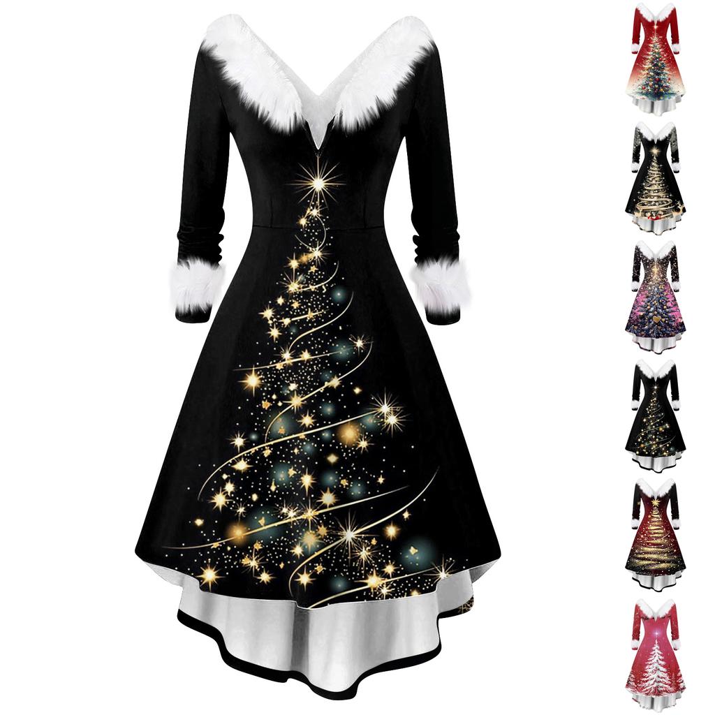Women's Fashion Elegant Autun And Winter Long Sleeve V-Neck Christmas Print Dress