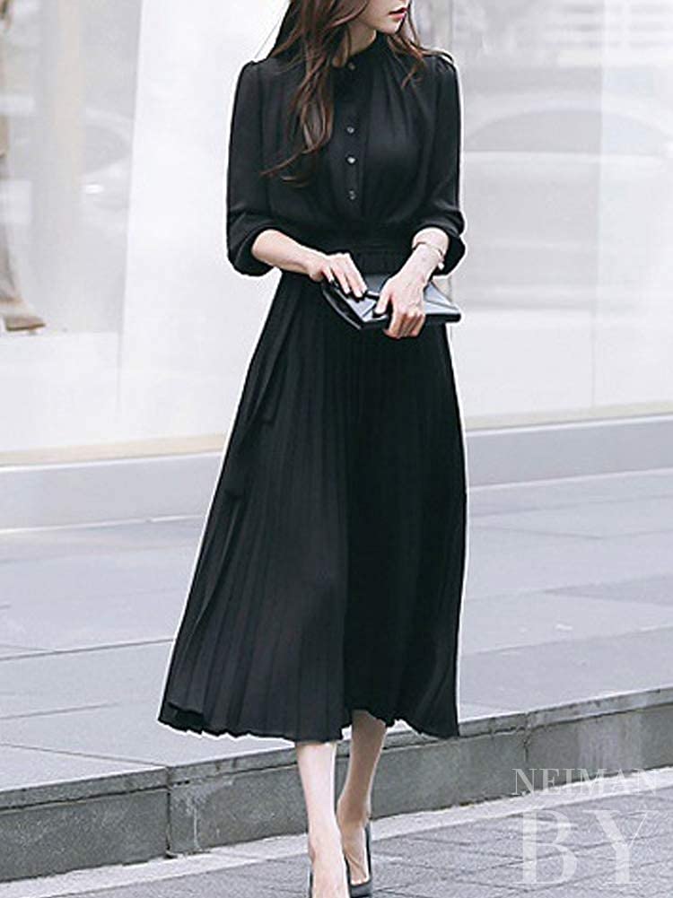 Neiman by Pleated Solid Long Long Round Dress, Color, Length, Sleeves, Adult, Collared, Neck, Figure-Flattering, Button-Down, Soft, Stylish, Cute,