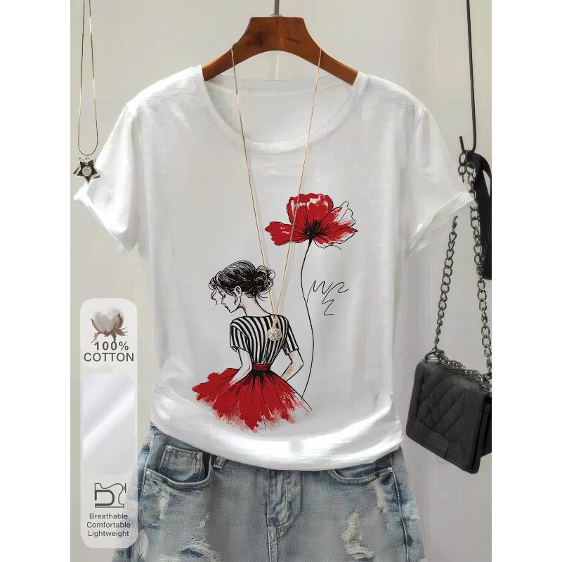 

Womens Soft Breathable Floral Back Print Tee Round Neck Short Sleeve Lightweight Artistic Design Spring Summer Casual Formal Everyday Essential Top S белый